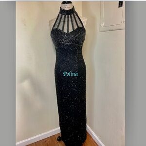 LAURENCE KAZAR Black Sequin Formal Evening Maxi Dress 100% Silk S M - stunning!